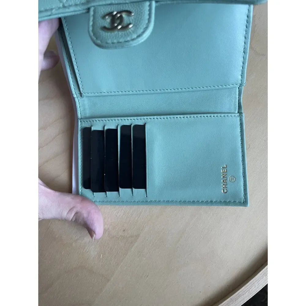 Chanel New 2023 Medium Flap Wallet Light Green Caviar Leather Classic